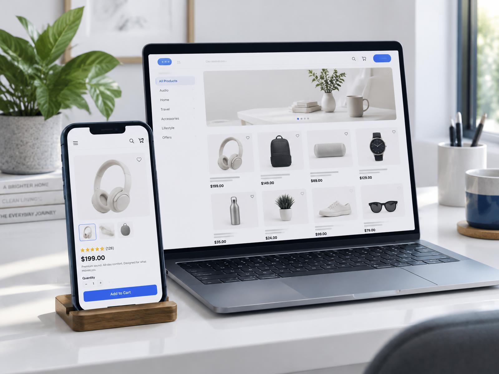 Ordenador y móvil mostrando una tienda online adaptable