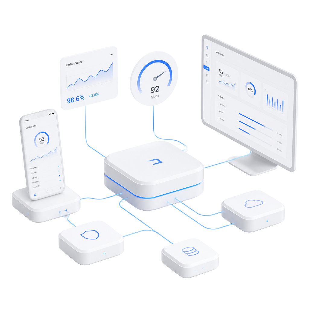 Dispositivos y módulos tecnológicos conectados mostrando rendimiento y seguridad